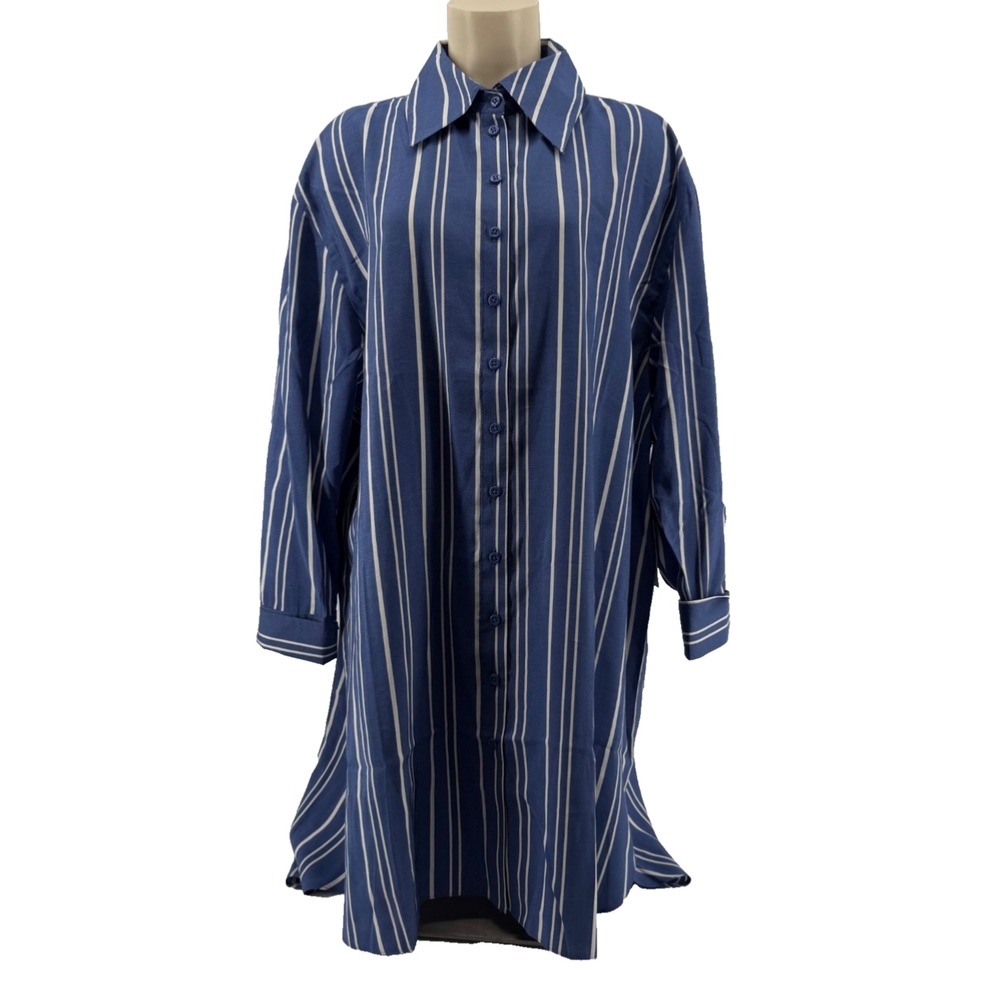 Topshop Viscose Striped Shirt Dress Women Blue White Oversized Tunic Size 12 NEW